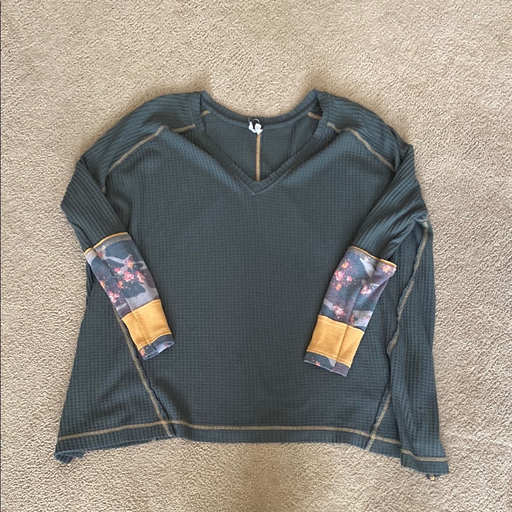 Free People Green Long Sleeve Top with Floral Accents